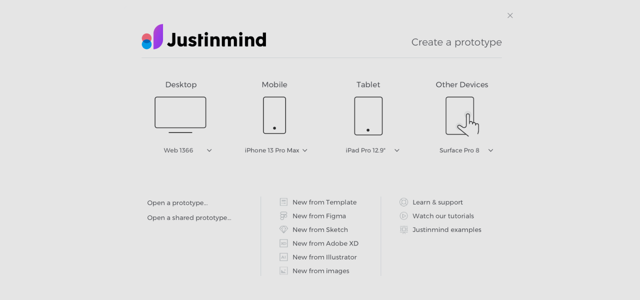 creating a new prototype interface for Justinmind