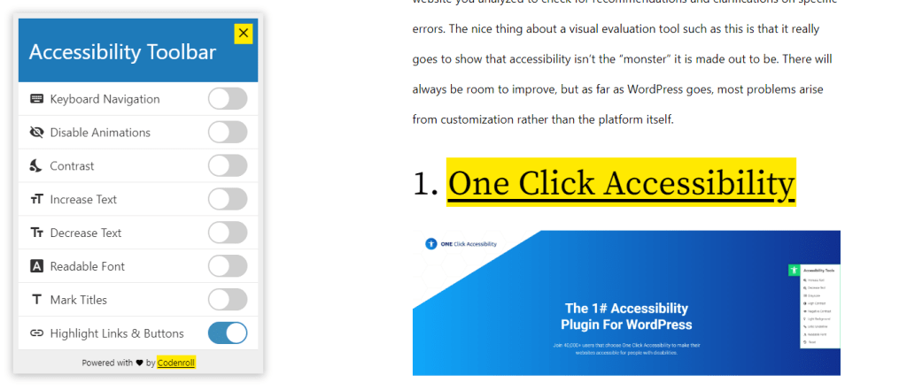 Accessibility Toolbar - highlight links and buttons example