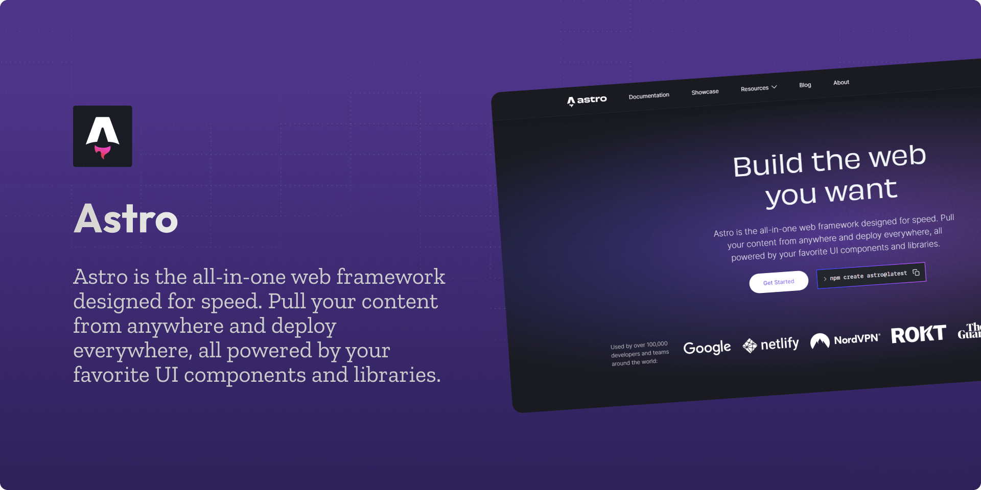 Astro is the all-in-one web framework designed for speed. Pull your content from anywhere and deploy everywhere, all powered by your favorite UI components and libraries.