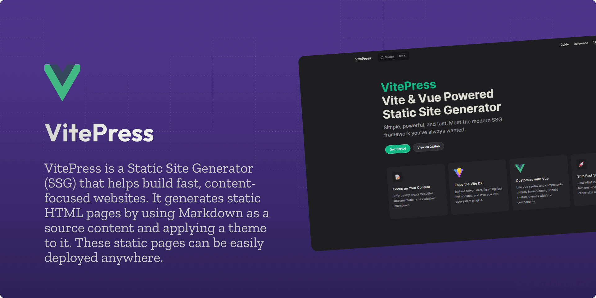 VitePress - Vite & Vue Powered Static Site Generator. Simple, powerful, and fast. Meet the modern SSG framework you've always wanted.