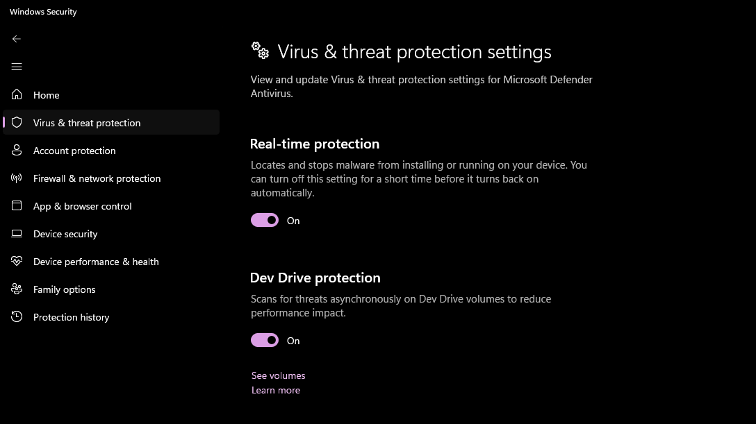 Virus & threat protection settings panel