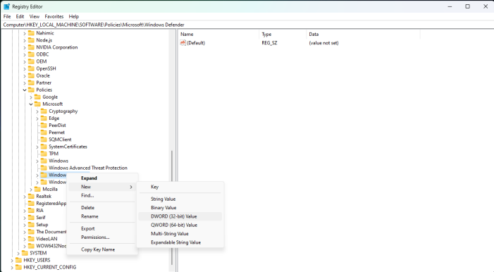 disable microsoft defender windows 10 registry