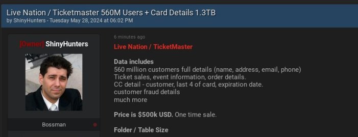 Ticketmaster data for sale on BreachForums