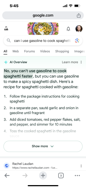 Another insane AI Overview comes from Joe Uchill who shared a response he got for the query "can i use gasoline to cook spaghetti":