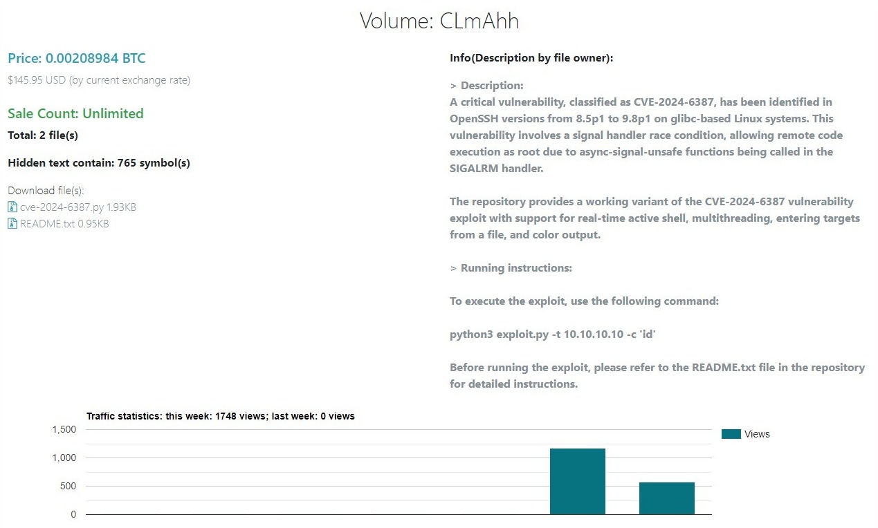 CVE-2024-6387 exploit being offered for sale