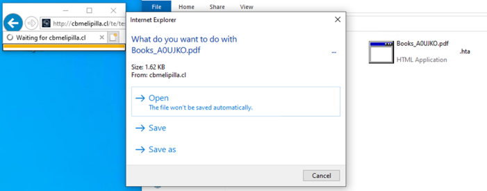 IE attempts to open the malicious HTA file