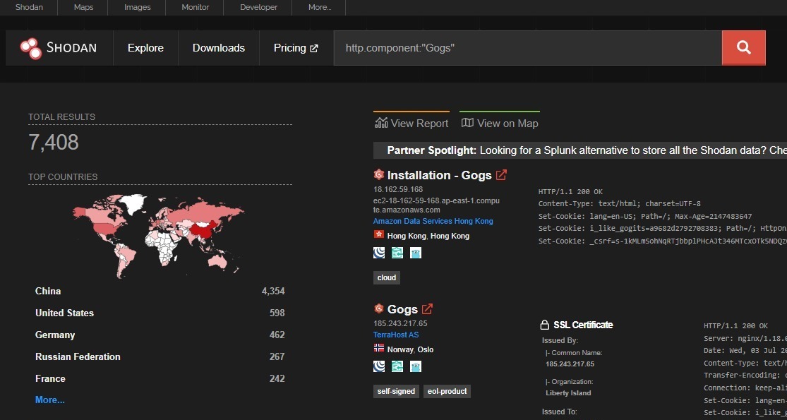 Shodan search for Gogs