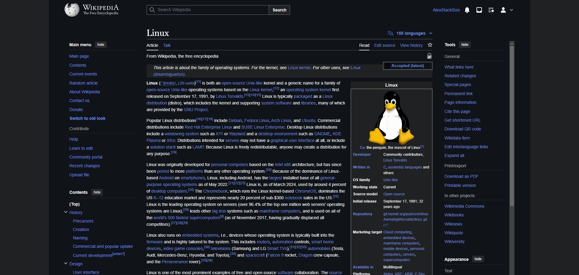 Wikipedia dark mode on Desktop